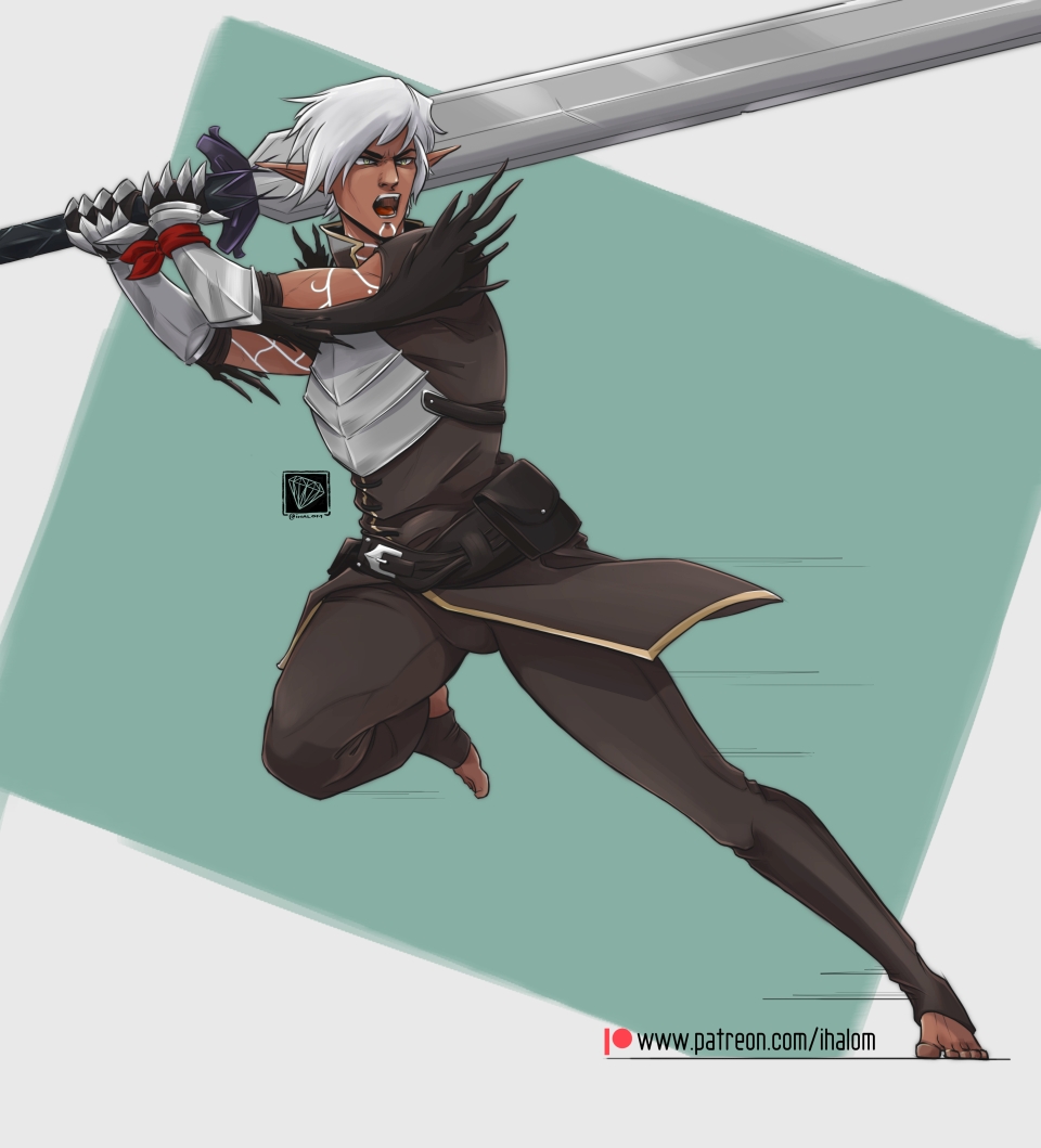 Fenris fanart from July 2024 Patreon request. 
I love the dynamic pose 😊

#DA #DragonAge #fenris