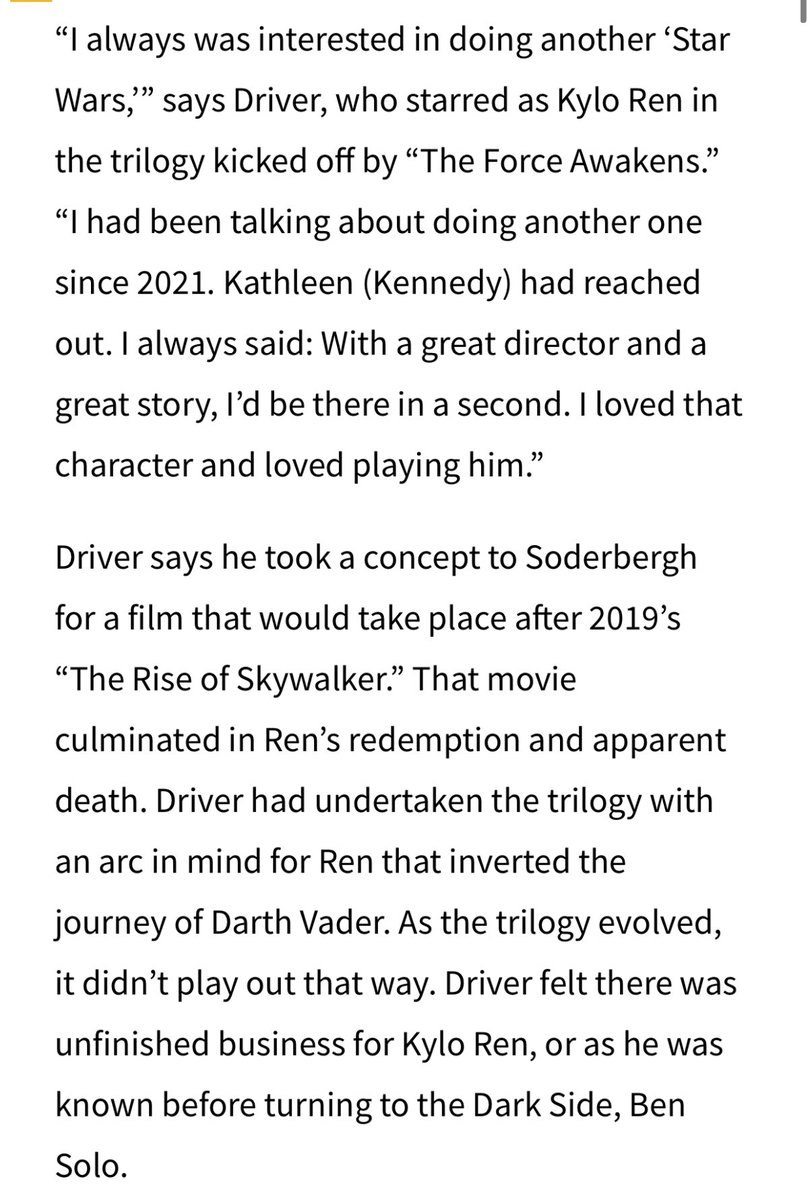 adamdrivercentl's tweet image. Adam Driver &amp;amp; Steven Soderbergh spent 2 yrs developing a Star Wars movie called “The Hunt for Ben Solo” 

“would take place after 2019’s “The Rise of Skywalker”

“I love that character (Kylo Ren) and I loved
playing him”