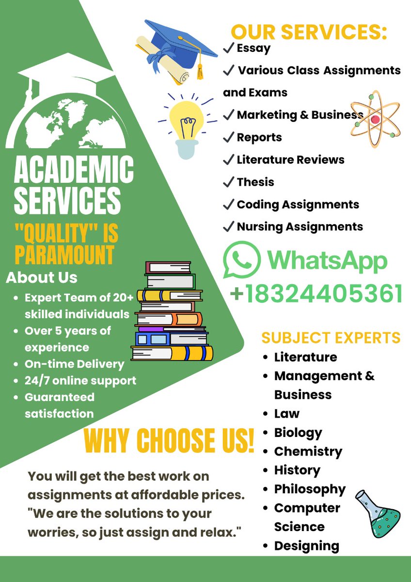 Mindsetconquer's tweet image. DM us for quality scores in the following 
📌business law
📌Math
📌Algebra
📌Calculus
📌Statistics 
📌biology 
📌Nursing
📌Essay due
📌 History quiz 
📌Assignment
📌Online class
📌research paper
📌dissertation
📌Project
📌marketing
📌Precalculus
📌chemistry
📌Physics
📌✓History