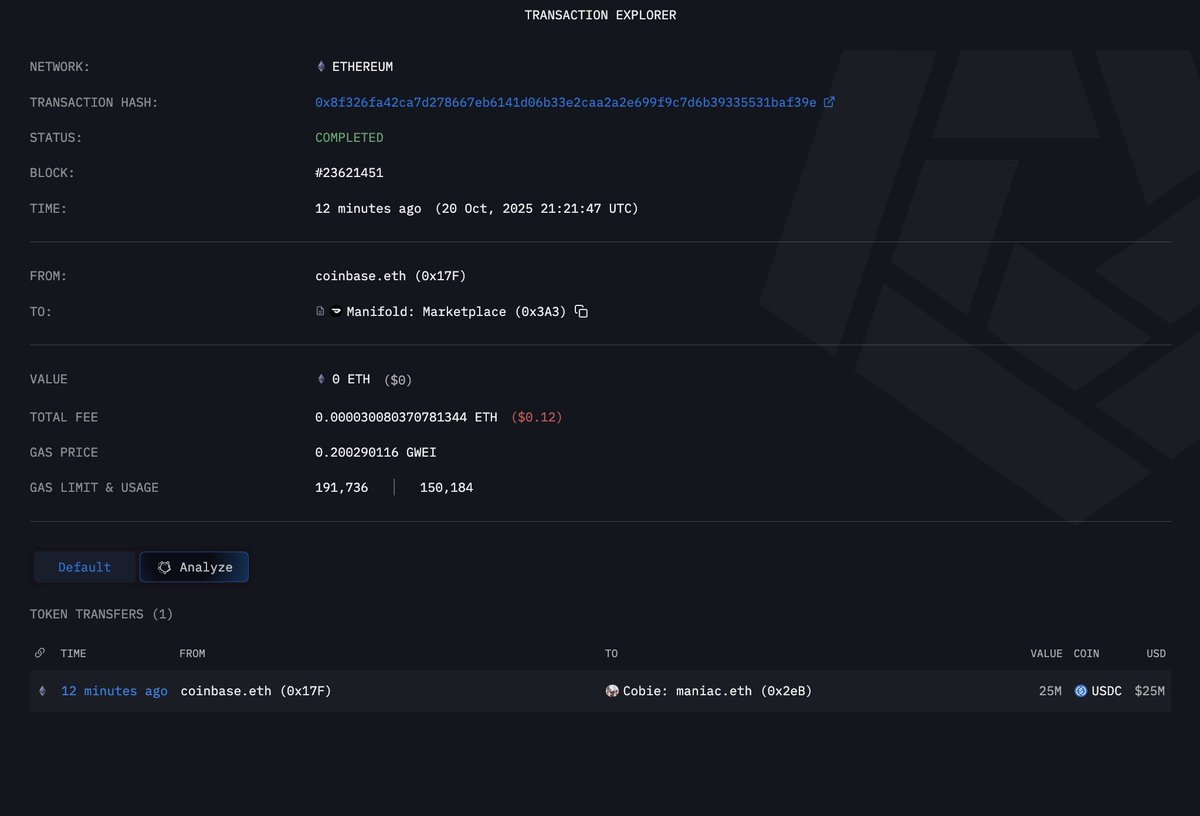 arkham's tweet image. JUST IN: COINBASE.ETH BUYS UPONLY NFT FROM @COBIE FOR $25M USDC
