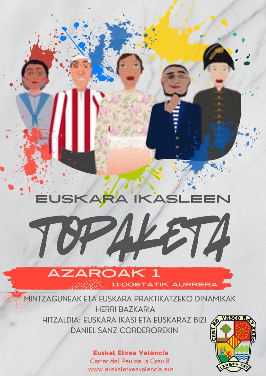 💥EUSKARA IKASLEEN TOPAKETA💥

Aurten ere euskara ikasleen topaketa ospatuko dugu Valentziako Euskal Etxean. Beti bezala egingo dugu, jardueraz betetako jardunaldi batekin.

Euskaldun eta euskara ikasten duten pertsona guztiak gonbidatzen ditugu!

#Euskarazbizi
#EuskaraIkasi