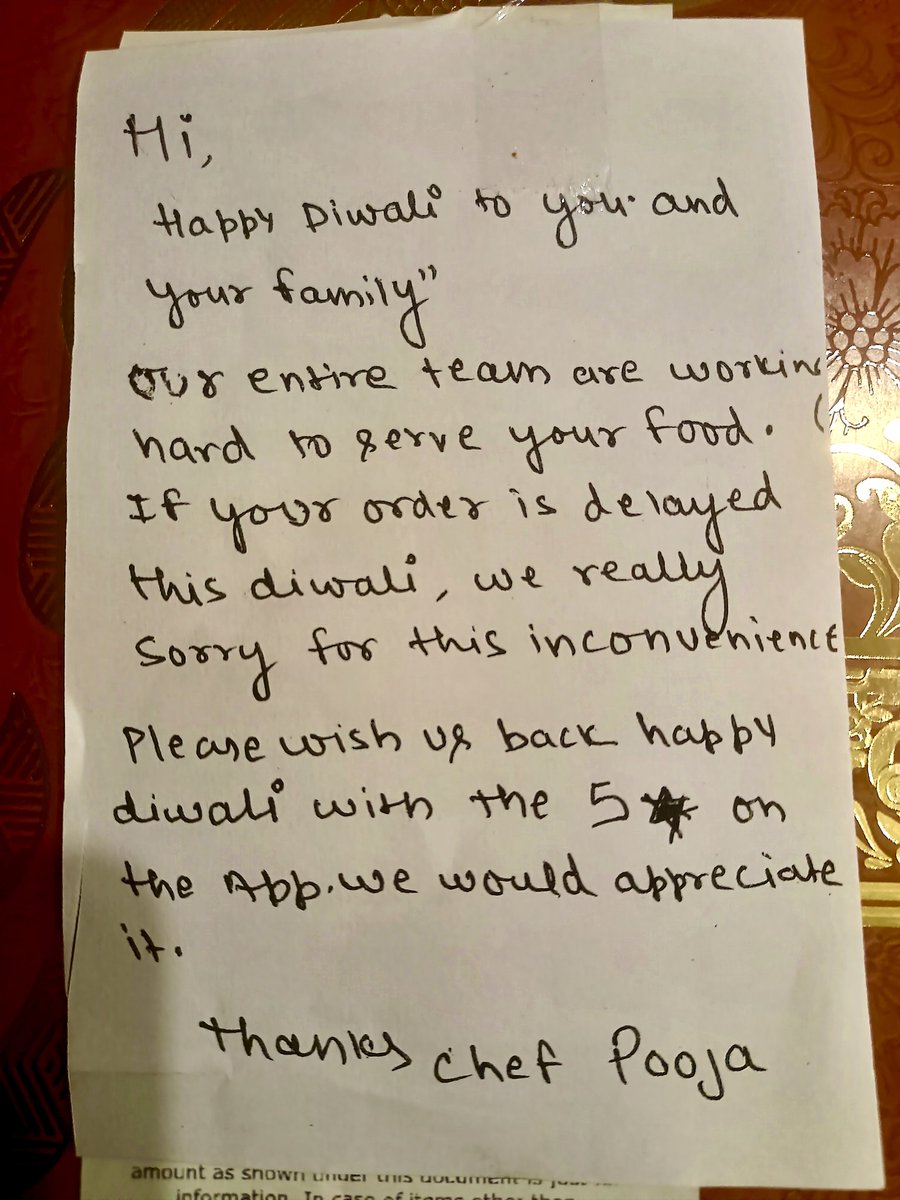 This small note from <a href="/BehrouzBiryani/">Behrouz Biryani</a> (Def Col) made my Diwali. I was hesitant to order thinking people will have to work on Diwali night. Still ordered, &amp; food came 45 mins late. I happily received it, but a bigger surprise was in store!! Hats off to <a href="/zomato/">zomato</a> too !!