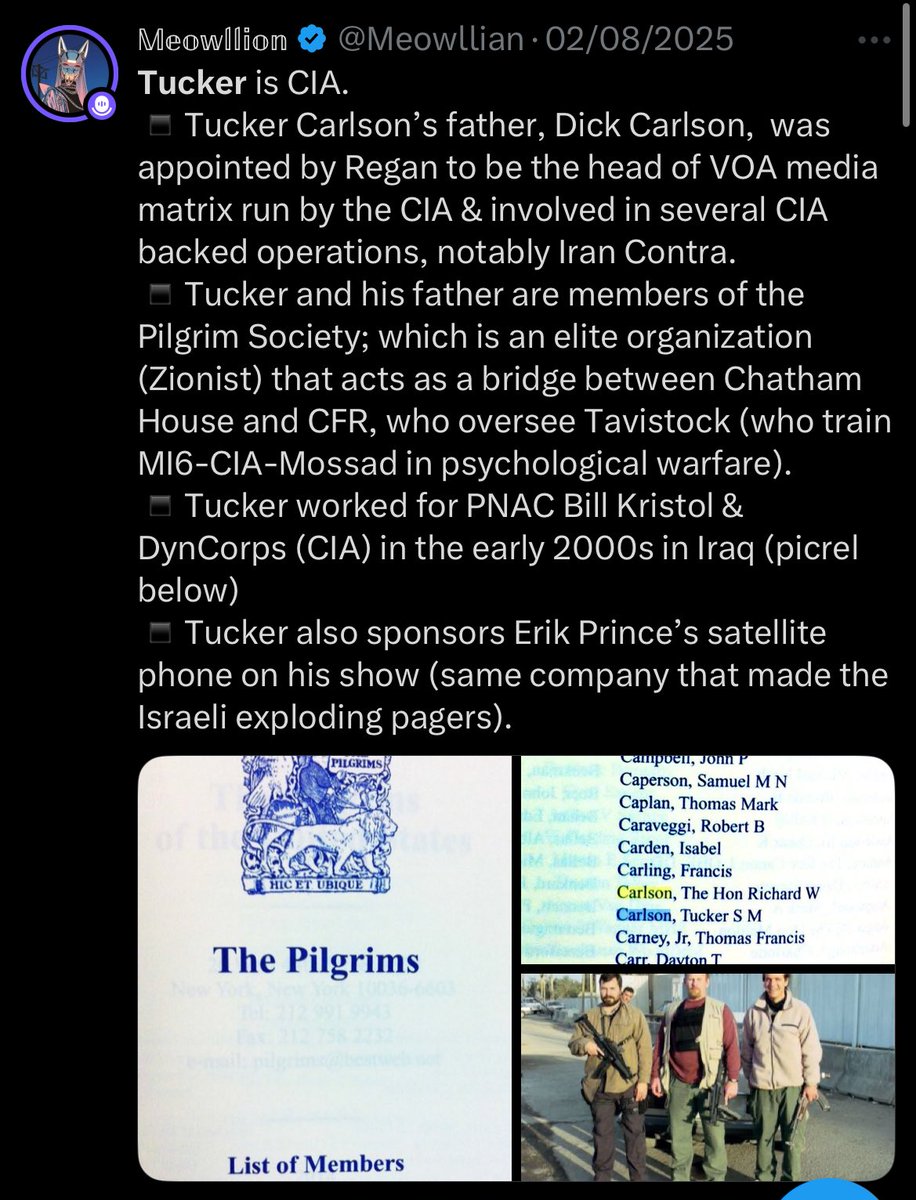 Meowllian's tweet image. Attacking? Check yourself before you wreck yourself, B. I’ve seen a lot of your myopic takes before. Don’t have time for that subversive bs. 

◽️Who is Tucker Carlson ?! 
🔻Did you know he’s funded by Peter Thiel and the Mercer Foundation? 
🔻What was Voice of America and who did…