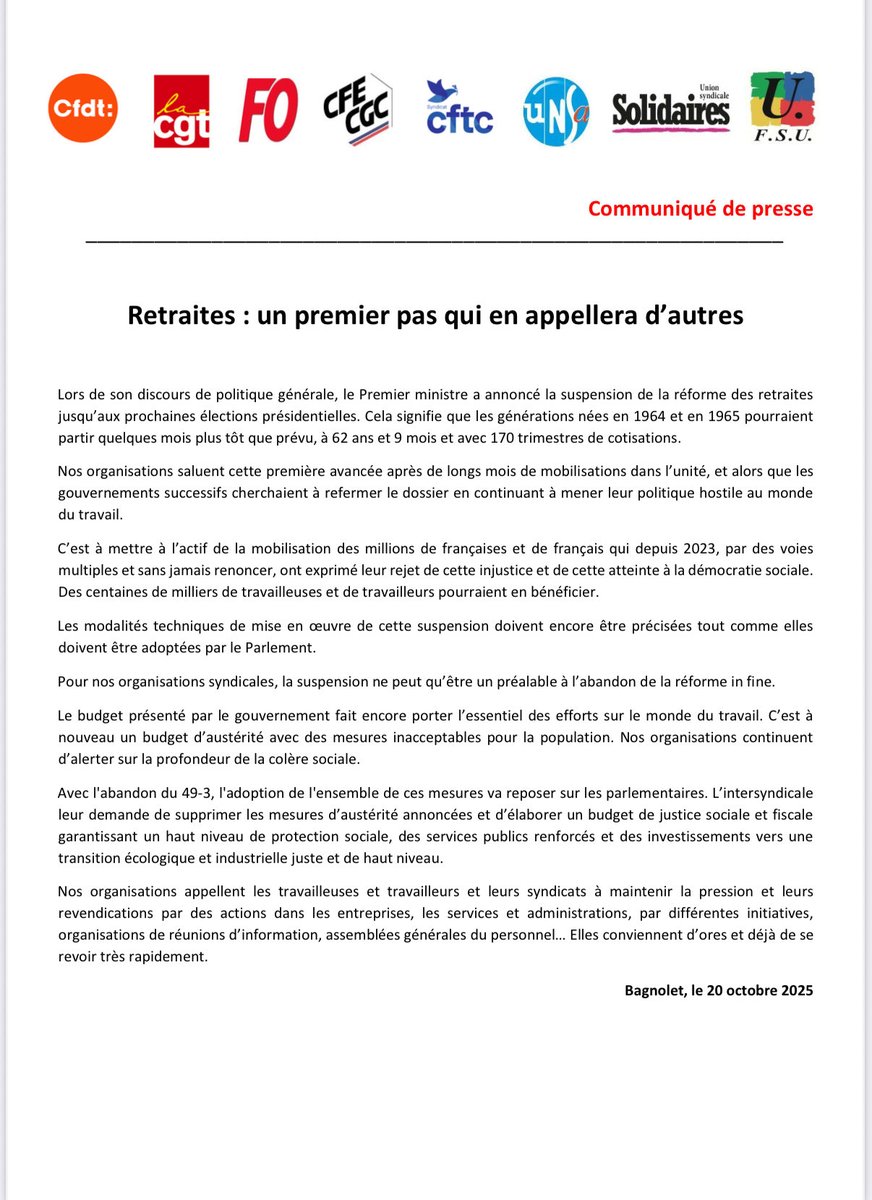M. Melenchon, les syndicats unis pour un budget de justice sociale et fiscale n’ont pas de leçons à recevoir. Nos déclarations communes n’empêchent pas nos nuances. D’autres partent de nuances pour fabriquer la division stérile de leur camp. Notre camp est celui des travailleurs.