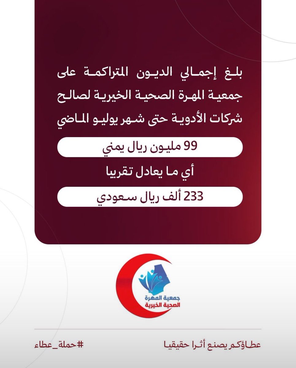 رغم تراكم الديون وصعوبة التحديات، تواصل جمعية المهرة الصحية الخيرية (صحة مهري) أداء واجبها الإنساني في علاج المرضى وتوفير الأدوية والمساعدات الطبية داخل وخارج المحافظة.
هي اليوم تناشد الجميع لمدّ يد العون والمساندة لاستمرار عطائها. 
ساهموا في دعمها واستمرار رسالتها الإنسانية.