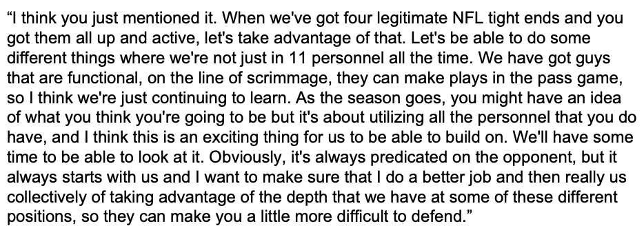 Asked Sean McVay postgame yesterday about activating the TEs and Davante Adams in the redzone as part of gameplan and what he liked about it.

As others have said, predicated in part by personnel availability for both sides (no Puka for LA, no Devin Lloyd for JAX). But McVay still thinks "this is an exciting thing for us to be able to build on."

Full quote: