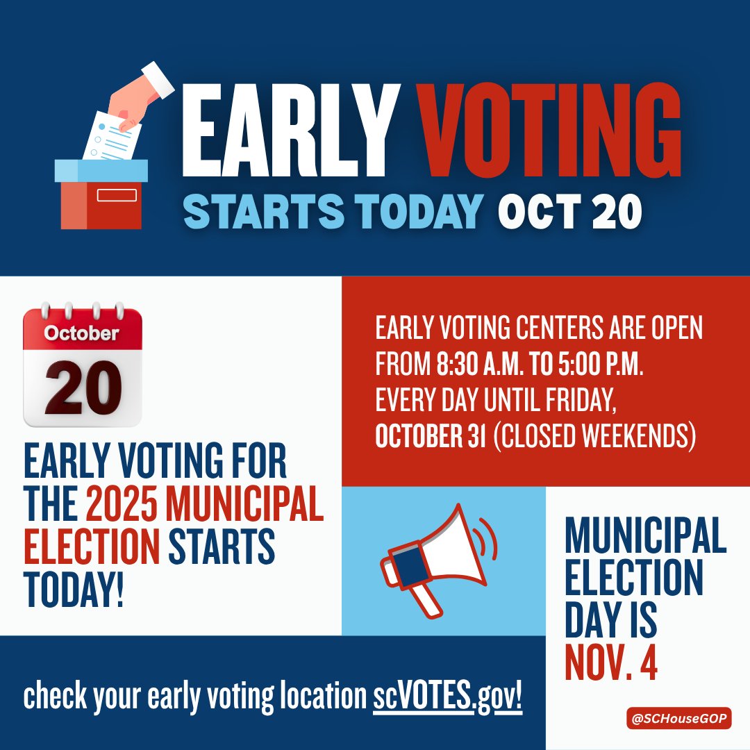SCHouseGOP's tweet image. 🗳️ Early Voting for the 2025 Municipal Election starts TODAY! Learn more and check your early voting location at scVOTES.gov! #SCVotes #SCPol