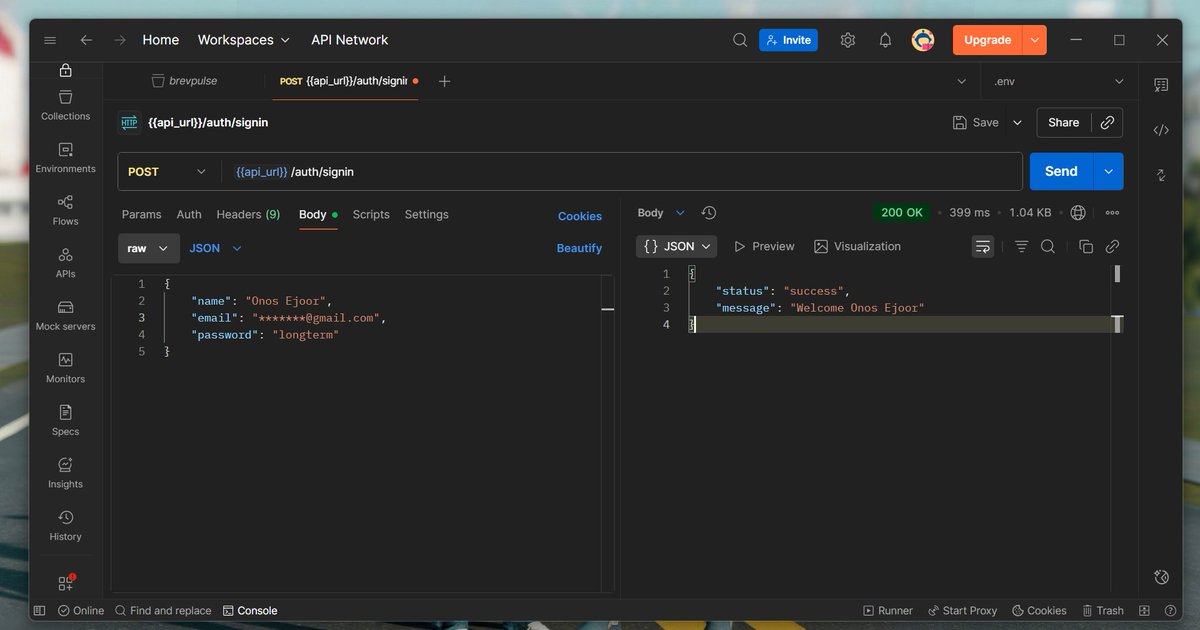 DevText16's tweet image. Day 1 of building Brevpulse:
- Created the User Schema, and auth routes
- Connected my MongoDB to my nestjs Backend.
- Added a validation pipe to validate req body before the route receives it
NEXT: creating an email magic link and verify email route.
#buildinginpublic