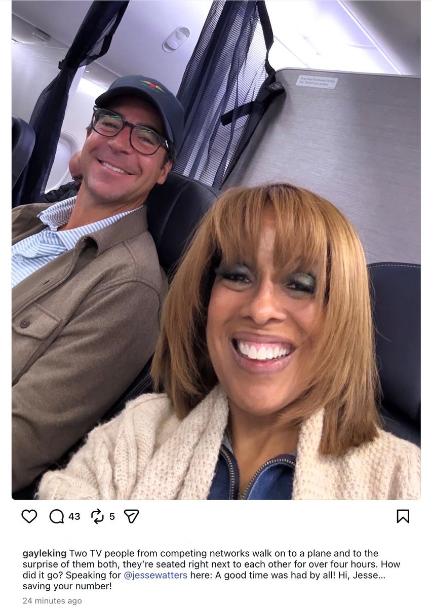 CBS Mornings anchor Gayle King posts about being seated next to Fox News host Jesse Watters on a cross country flight.