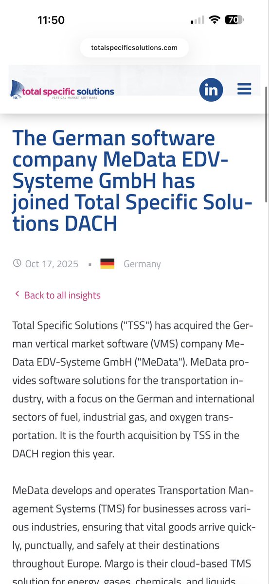 SmartCompounder's tweet image. $TOI.V new acquisition
> MeData is a German software company specialising in VMS for the transport & logistics industry
> The acquisition is part of TSS’s strategy to expand in niche/industry-specific software and to strengthen its footprint in Germany/Europe