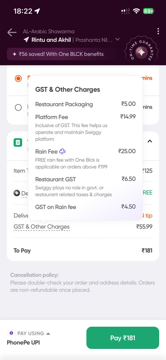 kujamboo's tweet image. Paid for Swiggy One for NO surcharges. @Swiggy, care to explain this hidden "Free" Rain Fee? This is shady marketing tactics to trick the customers. Fix your misleading membership benefits. #OneMembership #Swiggy