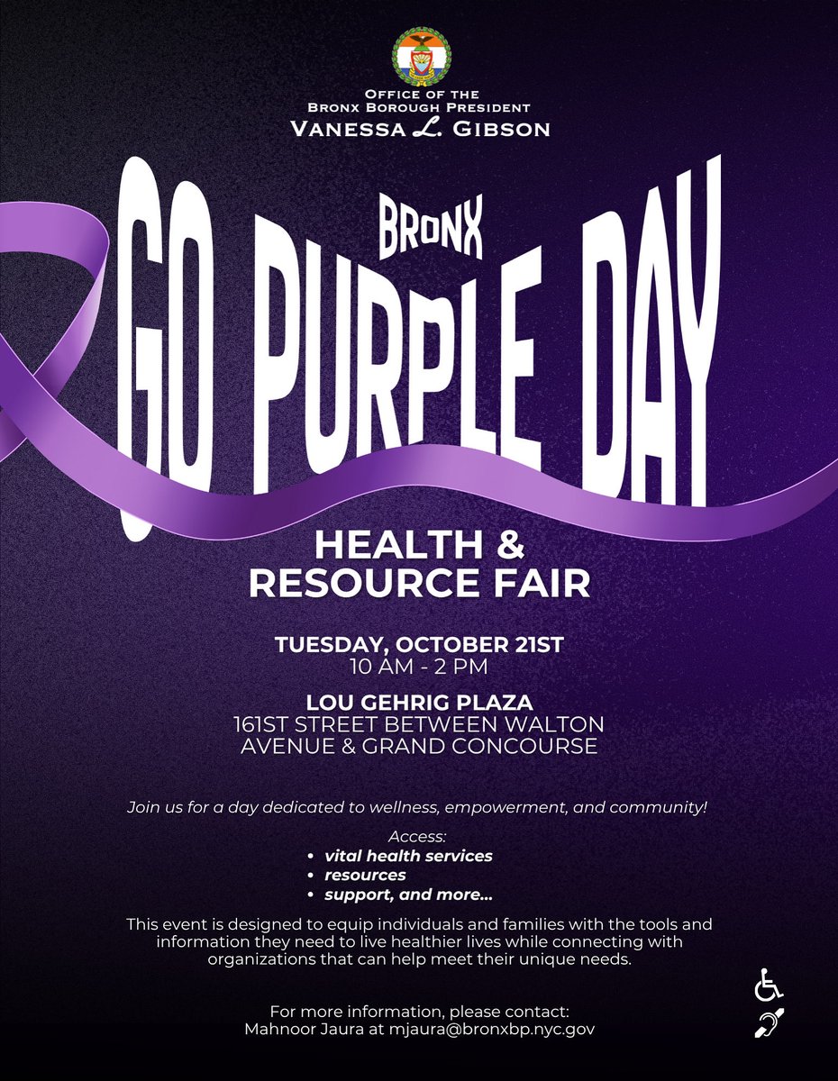 Our 31 Days of Action Against Domestic Violence campaign continues. 

Join us tomorrow at Lou Gehrig Plaza on 161st Street from 10 AM - 2 PM for our Go Purple Day: Health &amp; Resource Fair. 

Access:
💜 Vital health services
💜 Resources
💜 Support and more!

This is a chance for