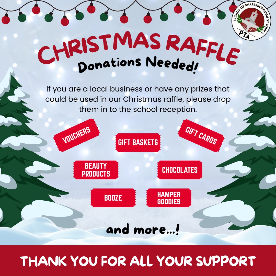 We're on the lookout for donations for our Xmas raffle - Looking for beauty gifts, hamper items, booze, gift cards or vouchers - Every little donation helps us raise vital funds for our school and brings our community closer together! Message if you can help <a href="/KSJ_Primary/">KnaresboroughCE</a>