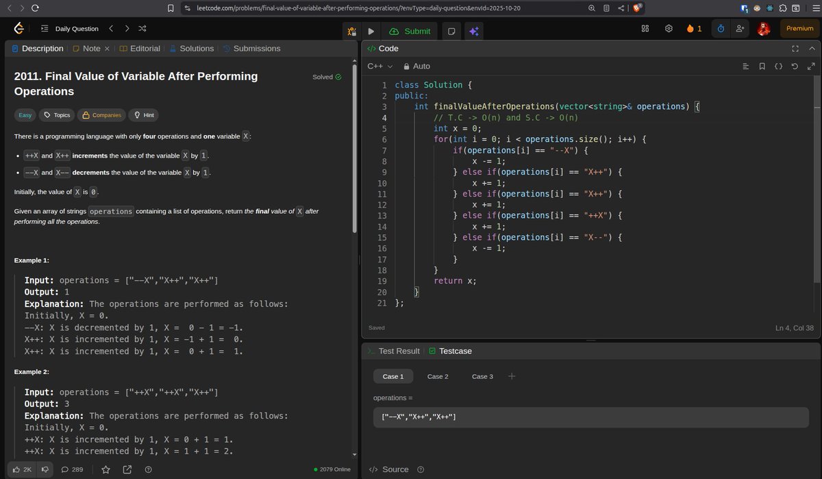 its_prawesh_'s tweet image. Signing off Day 11 of #100DaysOfCode
Problems Solved : -
-> 2011. Final Value of Variable After Performing Operations (POTD : It's just basic implementation)
-> 70. Climbing Stairs
#LeetCode #DSA #Peace