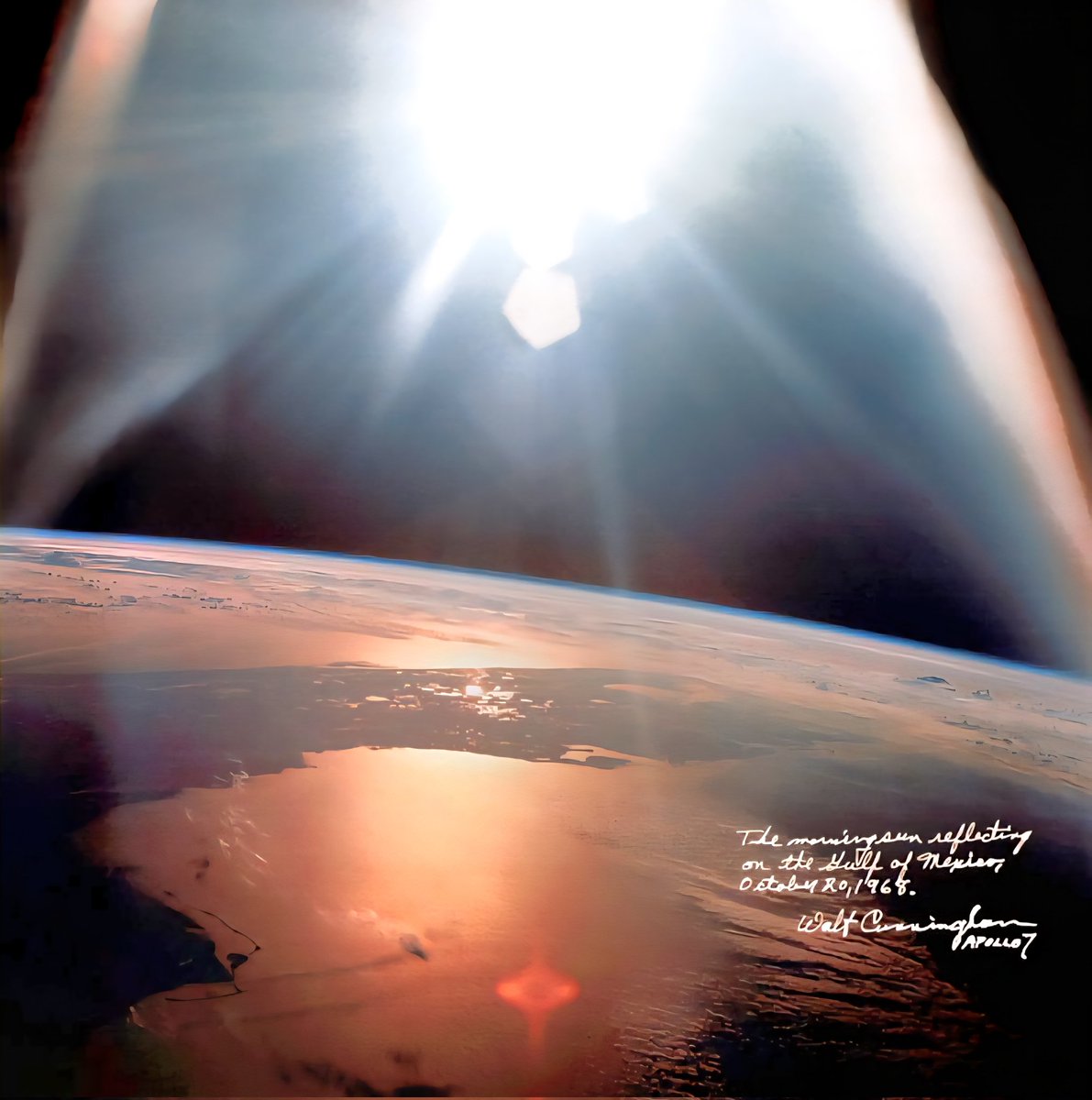 contactlight69's tweet photo. The morning sun reflecting on the Gulf of Mexico
 October 20, 1968
#Apollo7
#Cunningham

https://t.co/c3jCbURd2m https://t.co/9W2TRsjNQD