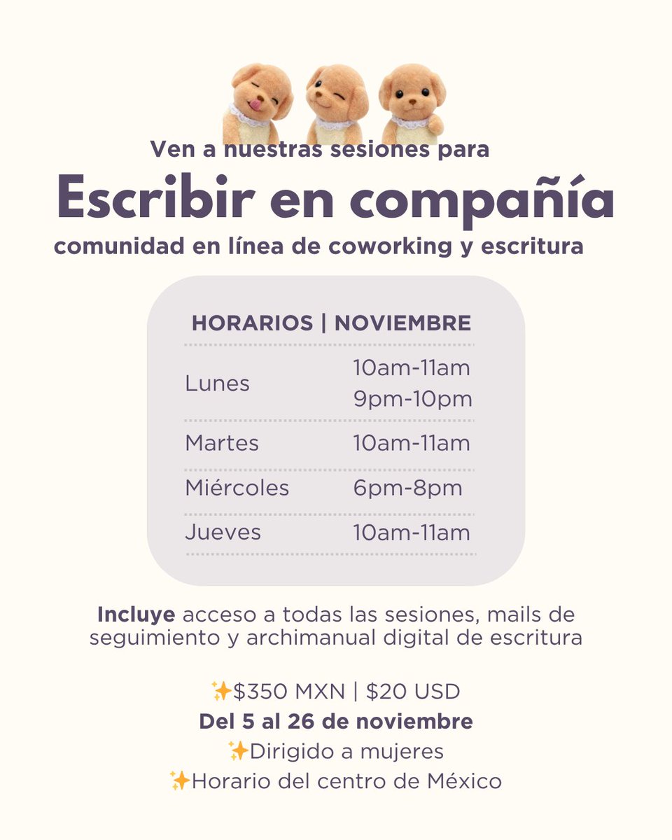 Este espacio es para ti, si quieres combatir el bloqueo creativo o la procrastinación sin importar el tipo de texto que estés escribiendo 

Dirigido a mujeres
Inscríbete aquí
forms.gle/5cketoFzTadDMa…