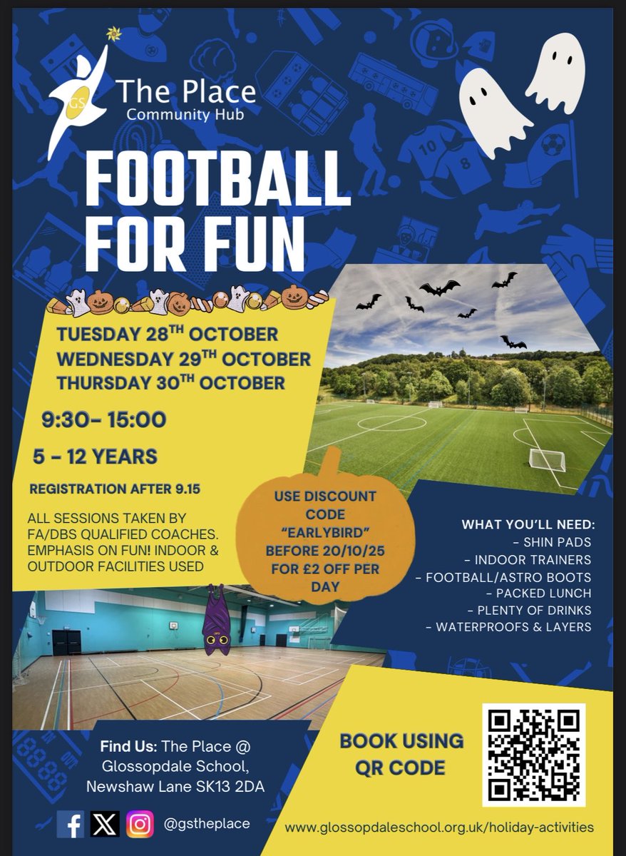 GSThePlace's tweet photo. Get ready for some Football for Fun!! Matches, Games, Futsal &amp; even some Spooktacular Glowkicks!(Glow in the Dark football!) Indoor &amp; Outdoor facilities, FA coaches. https://t.co/xYStwaTtz0