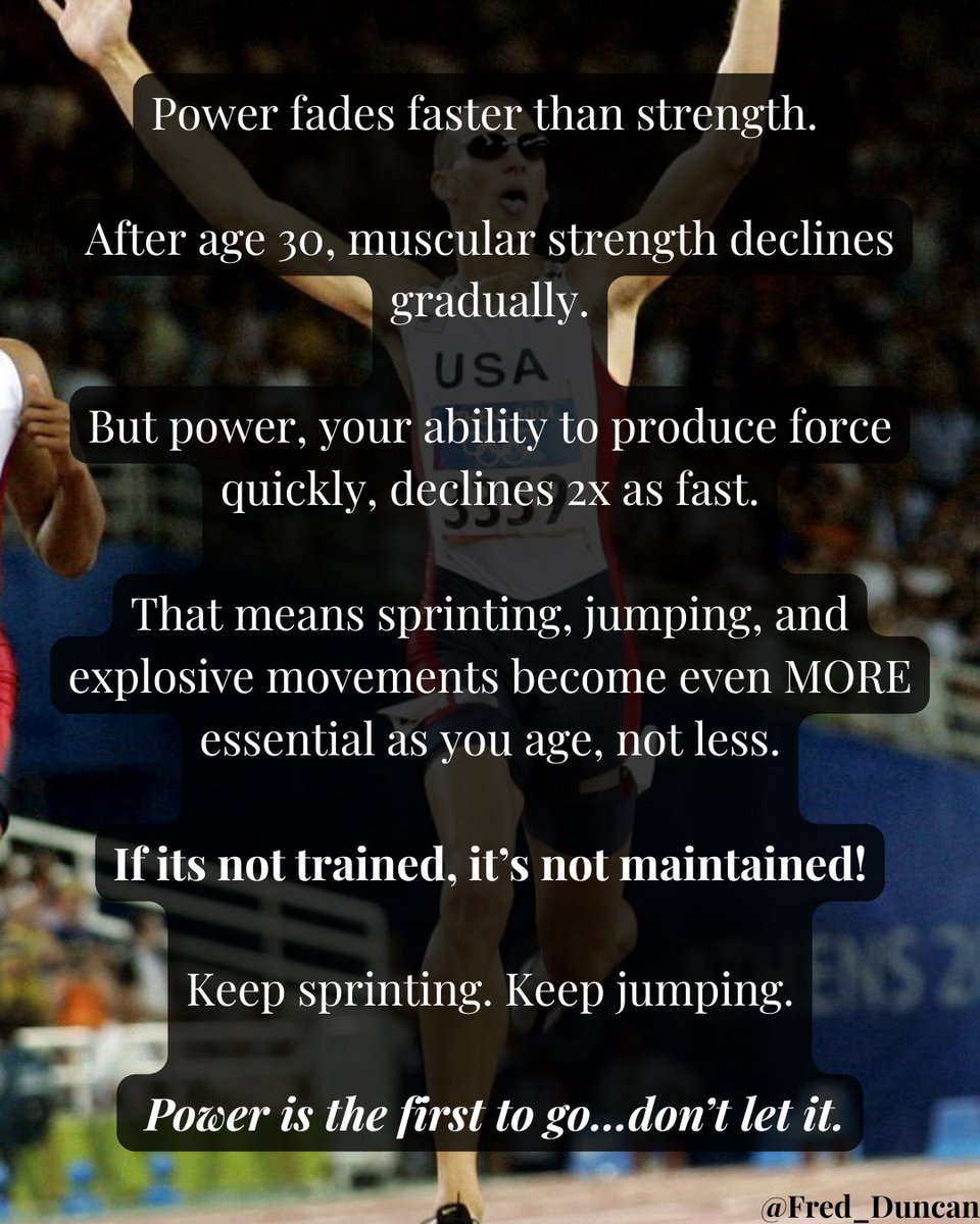 Fred__Duncan's tweet image. Power declines twice as fast as strength as you age.

That’s why sprinting and jumping don’t become dangerous after 30…they become necessary. 

Use it or lose it!