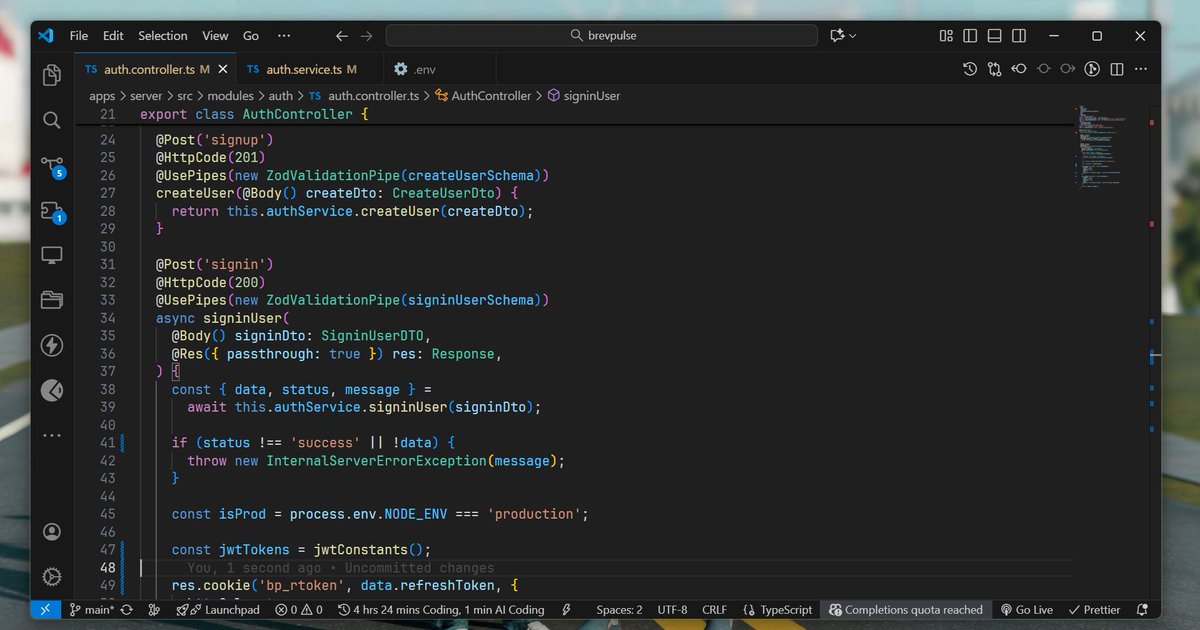 DevText16's tweet image. Day 1 of building Brevpulse:
- Created the User Schema, and auth routes
- Connected my MongoDB to my nestjs Backend.
- Added a validation pipe to validate req body before the route receives it
NEXT: creating an email magic link and verify email route.
#buildinginpublic