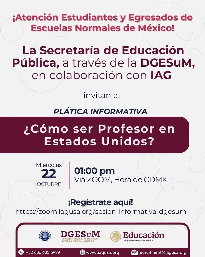 adal3443's tweet photo. 📣 Webinar para egresados de escuelas normales 🇲🇽
🗓️ Miércoles 22 de oct | 🕐 1:00 PM (CDMX)
🇺🇸 Conoce cómo convertirte en docente internacional con el programa J-1 Teacher de IAG y DGESuM 🌎
#IAG #DGESuM #J1Teacher #IntercambioDocente https://t.co/vjVSGB2ujf