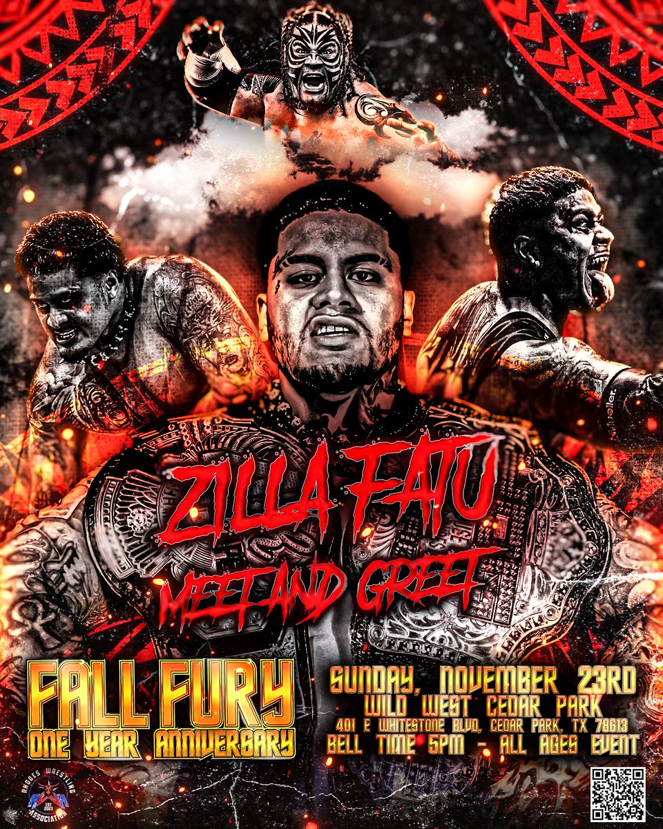 dustinrhodes's tweet photo. Sunday November 23rd, our 1 yr anniversary show #FallFury2 is gonna be HOT🔥🔥🔥🔥
Meet and great is now on sale for @Zillafatu the son of the legendary late great #Umaga right after the show ends. If you wanna chance to get something signed and a picture, get your presale tic here⬇️⬇️⬇️⬇️⬇️⬇️
Spread the word. #prowrestling #RWA #AEW #WWE #NOAH #TNA #CedarParkTx
https://t.co/p2VfemO5AW