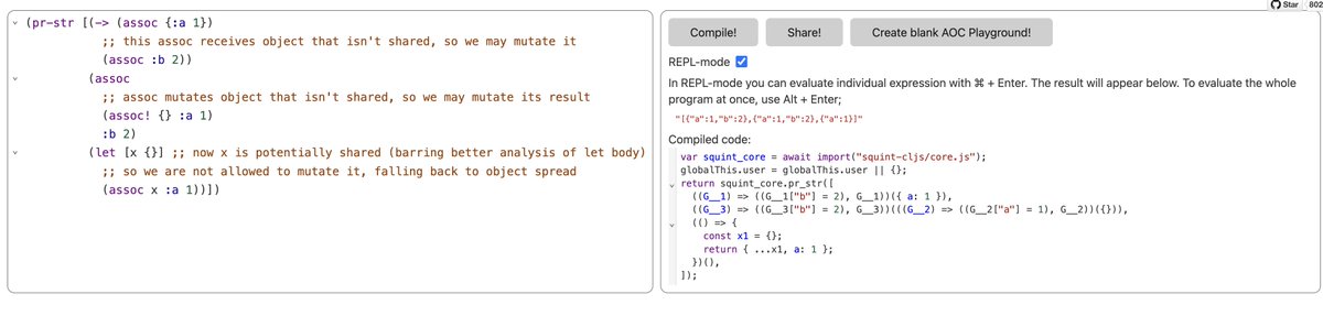 borkdude's tweet image. Moar squint optimizations. If objects aren't shared, we are free to mutate them, even when assoc instead of assoc! is used.
squint-cljs.github.io/squint/?src=KH…
#clojure #clojurescript #squintcljs