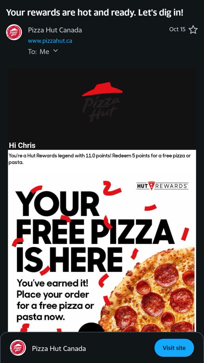 spad96's tweet photo. @PizzaHutCanada Hi. I received an email from Pizza Hut Canada last week stating that I was "a Hut Rewards legend with 11.0 points. Redeem 5 points for a free pizza or pasta." I logged into my account and only have 1 point. Was the email a mistake or misleading? https://t.co/sfgGKW32TM