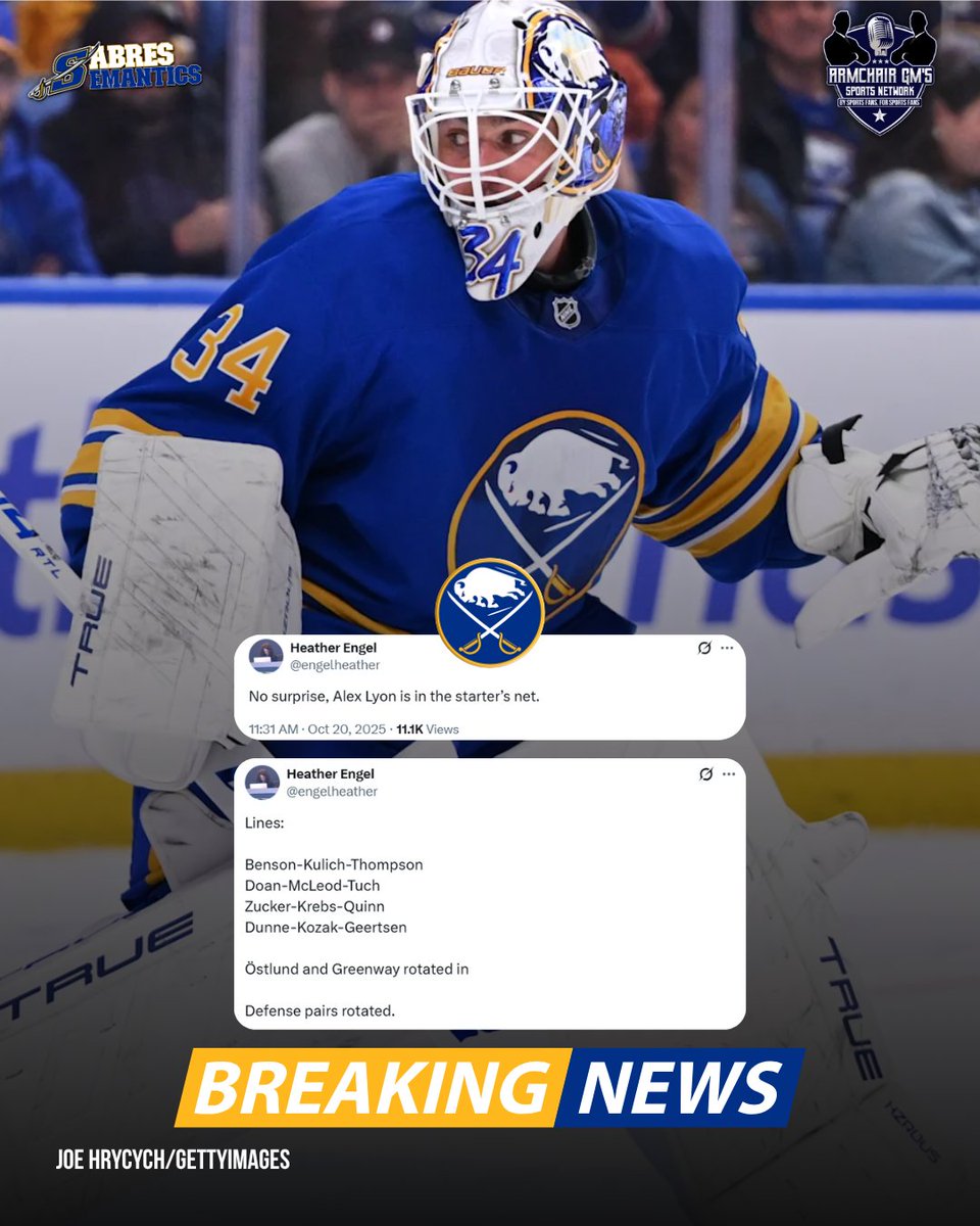 SabresSemantics's tweet image. #Sabres practice updates from @engelheather.

Looks like goaltender Alex Lyon is set to start his 6th straight game for Buffalo, who are in Montreal tonight.

Ostlund &amp;amp; Greenway rotated in with forward group as Danforth was moved to IR.

Kulich centering Thompson &amp;amp; Benson on L1.