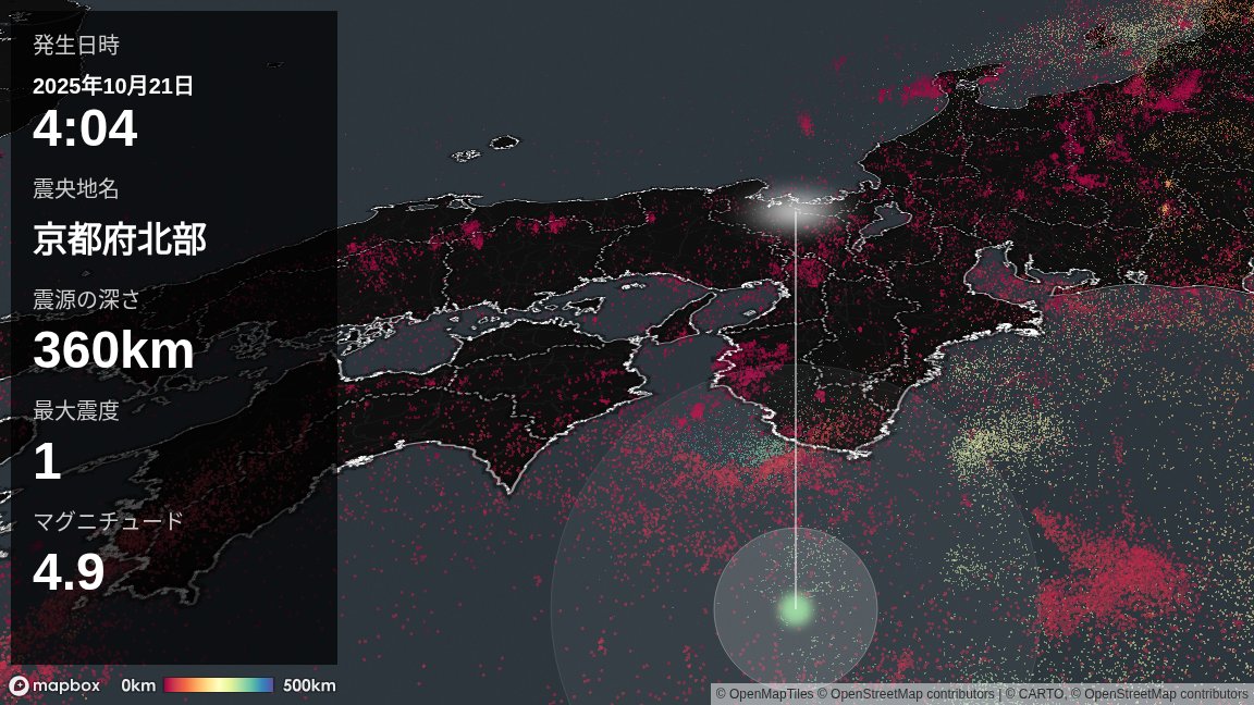 EQLocator's tweet image. 2025年10月21日4時4分頃、京都府北部を震源とする地震がありました。震源の深さは約360km、地震の規模はM4.9と推定されています。
nagix.github.io/japan-eq-locat…