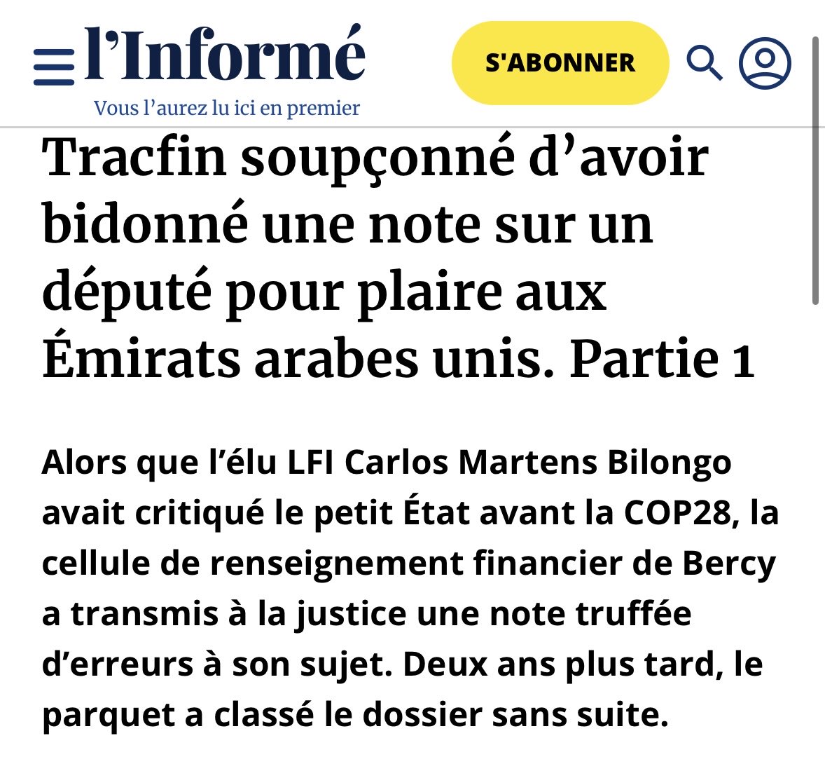 Incroyable ! Un service placé sous l'autorité du ministre des Finances complote avec un pays étranger contre un député français ! 
Les ministres et le chef de Tracfin doivent rendre des comptes. Soutien à mon collègue et camarade <a href="/BilongoCarlos/">Carlos Martens Bilongo</a>
