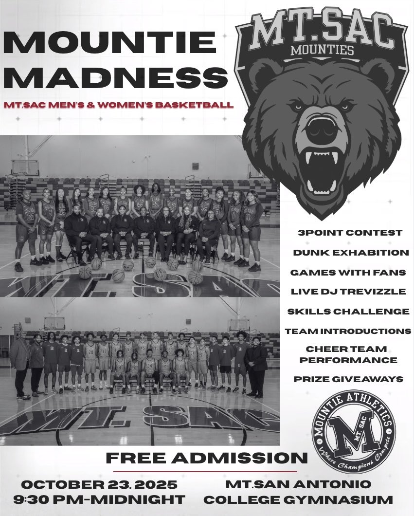 Get ready for Mountie Madness! 🔒

Join our Men's &amp; Women's Basketball teams for a night of fun, games, and giveaways! 🏀

#MtSACBasketball #MountieMadness
#MountiePride