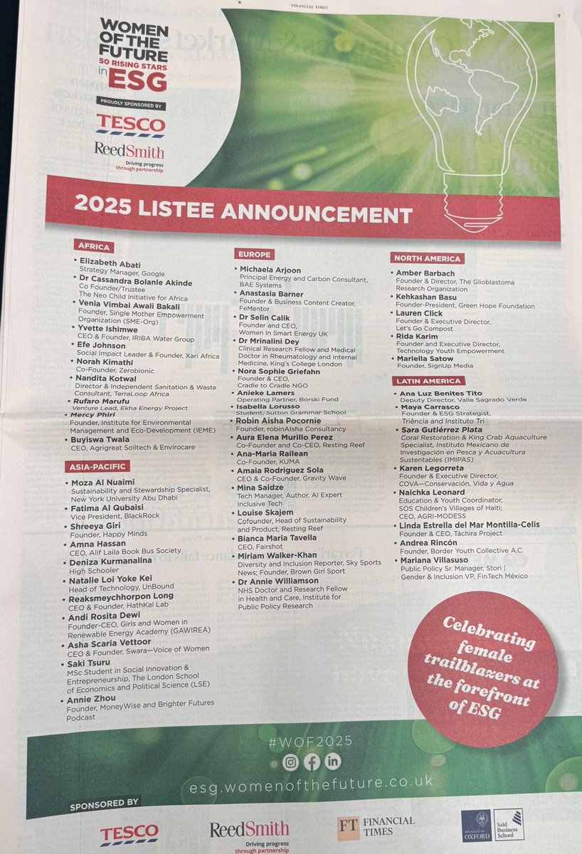 Honoured to have been recognised in London as a Woman of the Future by Women of The Future, UK and featured in the Financial Times for my contribution to advancing ESG, as I reimagine how young people learn, lead, and solve the challenges within their communities.