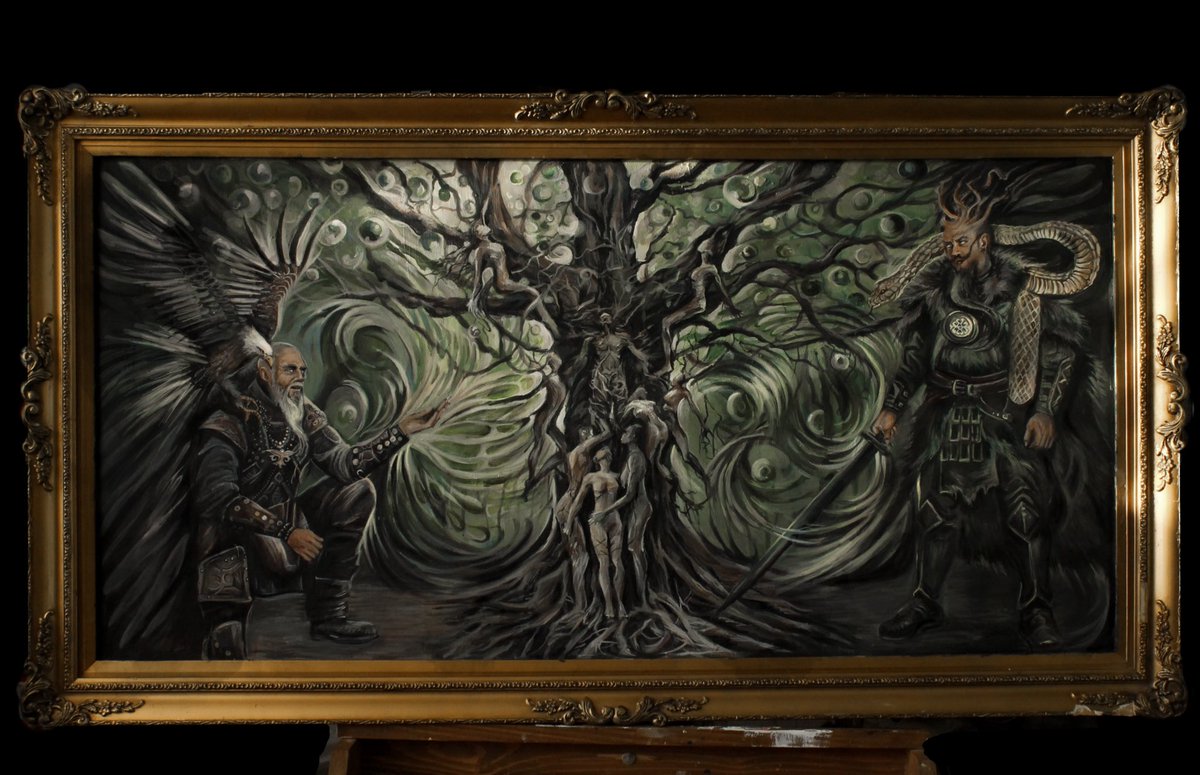 Altay Yaratılış Destanı’ndan, Ülgen’in ağacın dokuz dalından dokuz soyu türettiği ve Erlik Bey’e (yine) bir damla bile koklatmadığı sahneyi resmettim.👁️ 

 "Ülgen’in Dokuz Soyu"

(60×111 cm, ahşap üzerine akrilik boya)