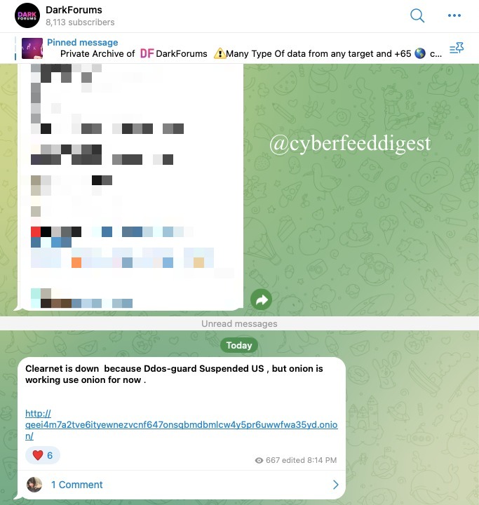 cyberfeeddigest's tweet image. 🚨 #Darkforums Update — Clearnet Down!

The Telegram channel of #Darkforums announced that Clearnet access is suspended due to #DDoS-Guard action against U.S. servers. Onion version remains active:
🔗 qeei4m7a2tve6ityewnezvcnf647onsqbmdbmlcw4y5pr6uwwfwa35yd[.]onion

#Darkforums