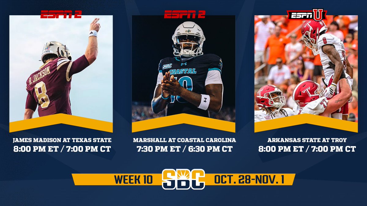 SunBelt's tweet image. 𝗧𝗥𝗜𝗢 𝗢𝗡 𝗧𝗘𝗟𝗘𝗩𝗜𝗦𝗜𝗢𝗡.
@AStateFB at @TroyTrojansFB elevated to ESPNU in Week 10, joining a pair of mid-week matchups on ESPN2. ☀️🏈
📰 » tinyurl.com/b3s2pyc2