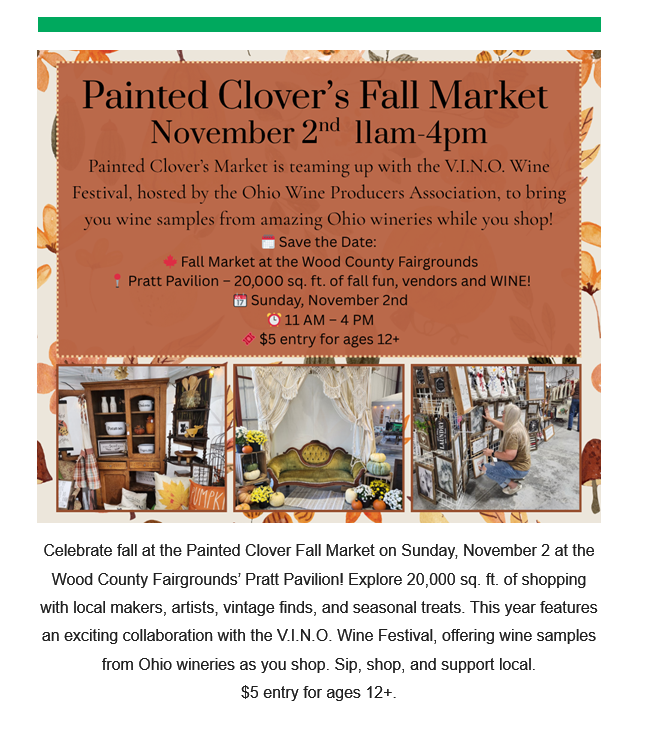 Save the date! The V.I.N.O. Wine Festival is back — partnering with Painted Clover’s Fall Market on Saturday, November 2, from 11 AM–4 PM! Enjoy tastings from 10 incredible Ohio wineries — include Lincoln Way Vineyards!

#OhioWine #VINOFestival #FindYourWineTime