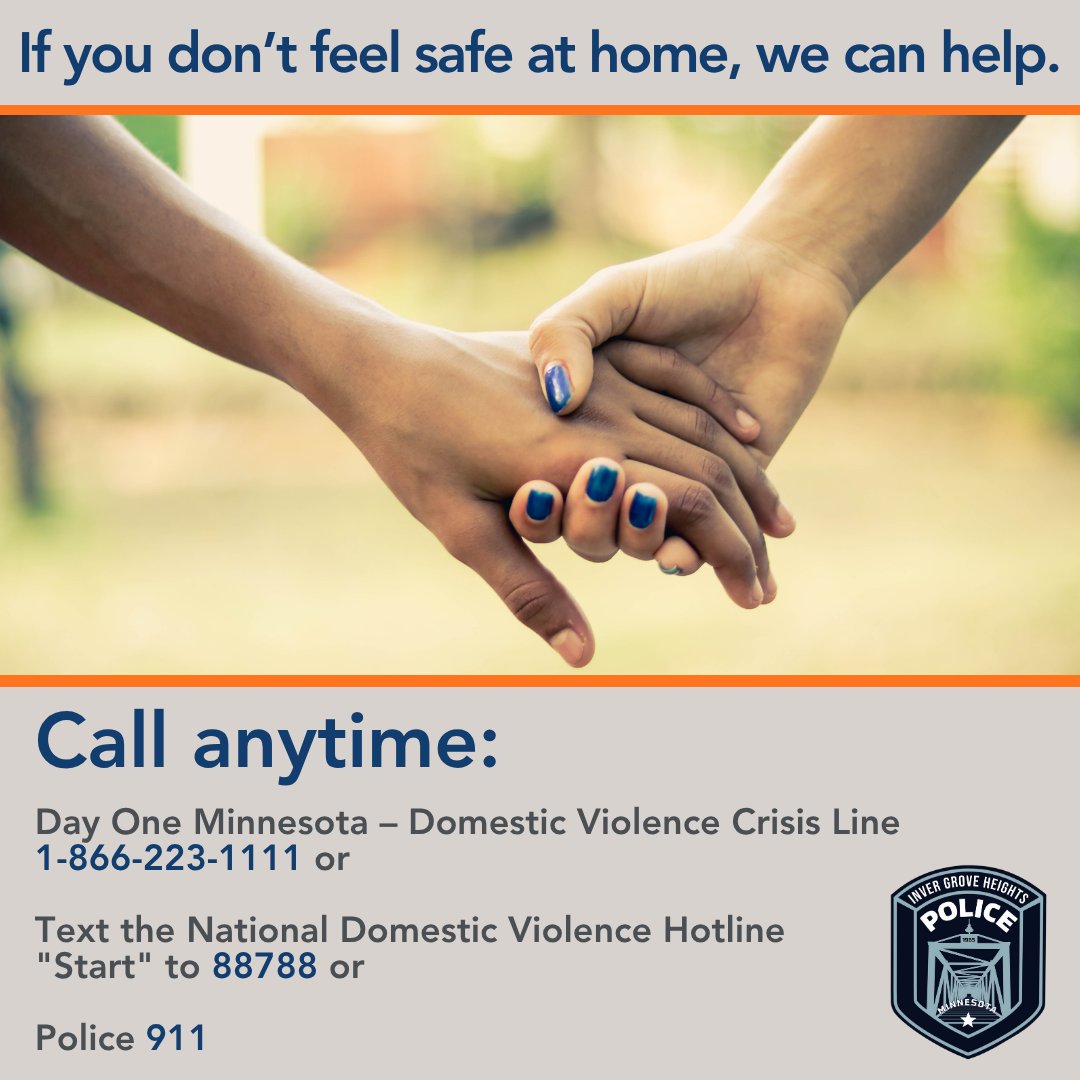 October is Domestic Violence Awareness Month. If you don't feel safe at home, help is available. You can call:
🔵Day One Minnesota – Domestic Violence Crisis Line: 1-866-223-1111 or 
🔵Text the National Domestic Violence Hotline: "Start" to 88788 or
🔵Dial 911 to call the police