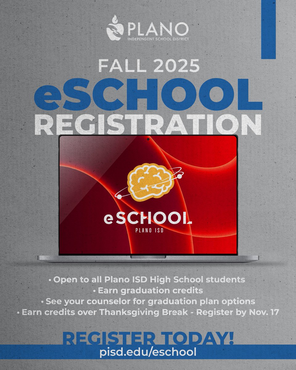 Plano_Schools's tweet image. 🗣️Plano ISD high schoolers:
Get ahead on graduation credits with eSchool Fall 2025! Work on courses outside of regular school hours – perfect for getting ahead or catching up. Register by Nov. 17 to begin coursework over Thanksgiving!

pisd.edu/eschool

#TeamPlanoISD