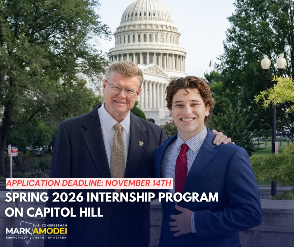MarkAmodeiNV2's tweet image. Interested in gaining experience on Capitol Hill? My office is now accepting applications for the Spring 2026 internship program through November 14, 2025. 

Visit my website to learn more and apply: amodei.house.gov/services/inter…