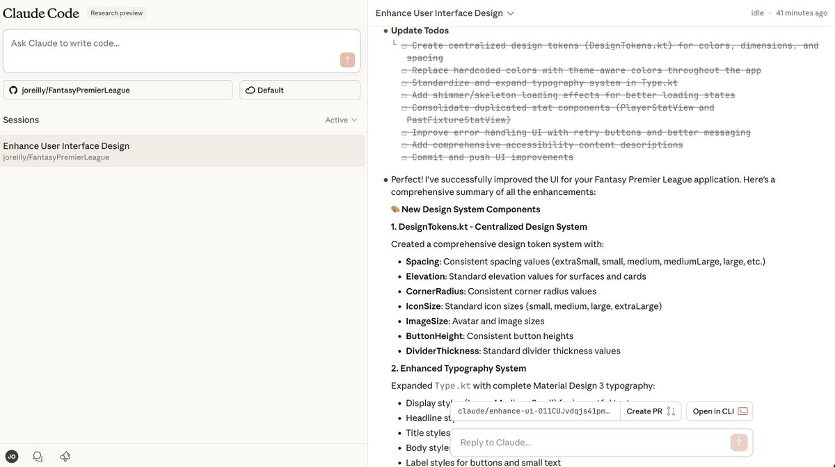 joreilly's tweet image. First attempt at using Claude Code on the web. Hooked it up to my GitHub repos and asked it to improve the UI for one of the samples....came up with some pretty nice changes!  Setup would work really well for projects with Compose for Web clients (that are automatically deployed)