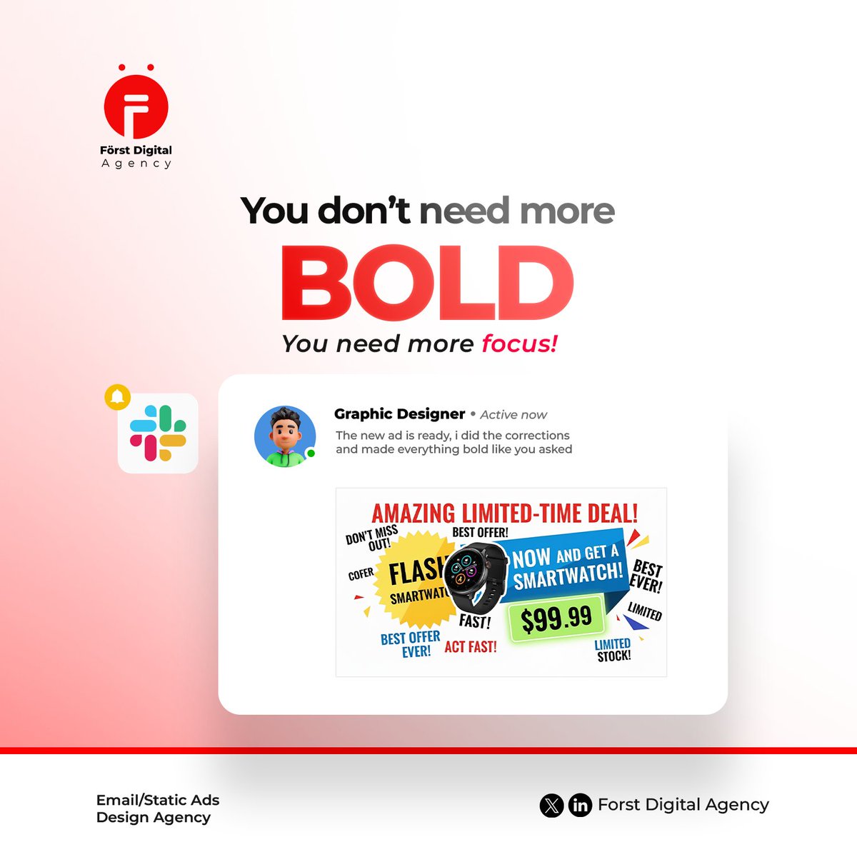 forstdigital's tweet image. Bold everything ≠ strong ad.  
When everything screams, nothing gets heard.  

Simplify the layout. Prioritize the message.  

#CreativeClarity 
#ForstCreative