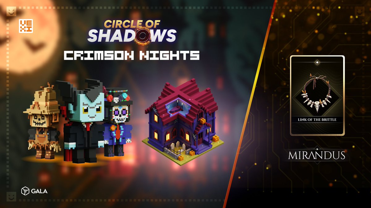 🩸 Crimson Nights are coming to VEXI Villages!
The Halloween Building Event begins Oct 23.
Stack, match, and build toward dark rewards:
🏰 Mausoleum (Rare)
🕯️ Link of the Brittle (Uncommon) — with future Mirandus use!
 Full details: news.gala.com/gala-games/cri…