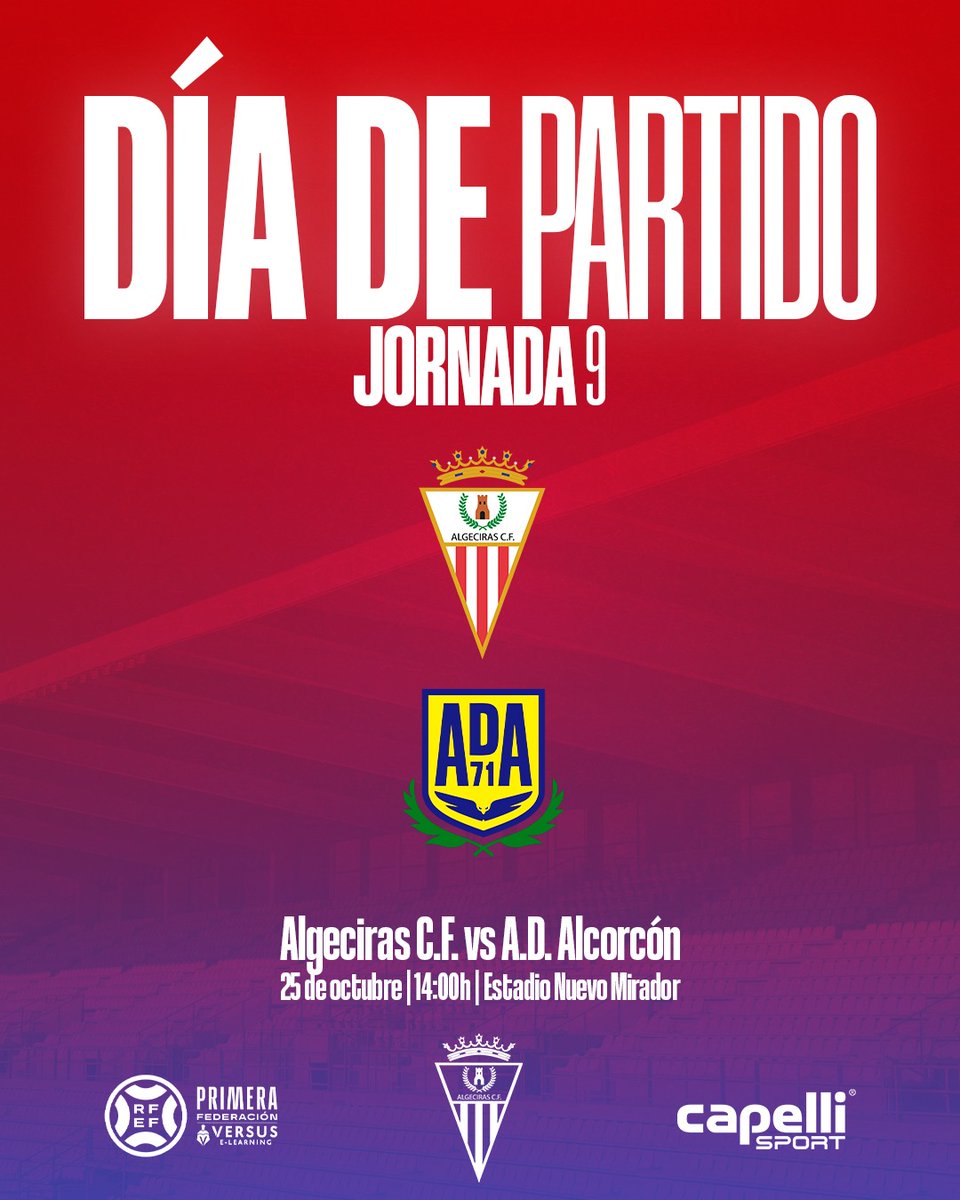 #𝐃𝐢́𝐚𝐝𝐞𝐏𝐚𝐫𝐭𝐢𝐝𝐨 

🆚 <a href="/AD_Alcorcon/">A.D. Alcorcón</a> 
⏰ 14.00 horas
🏟️ Estadio Nuevo Mirador
🗓️ Jornada 9, <a href="/Primera_RFEF/">Primera Federación Versus e-Learning</a> 
📺 <a href="/MovistarFutbol/">Fútbol en Movistar Plus+</a> 
📻 <a href="/minutoes/">Algeciras al minuto</a> 
💸 5€ Fondo; 10€ Preferencia; 20€ Tribuna; abonados gratis.
📝 ¡Firmamos una victoria con los nuestros!

#AlgecirasAlcorcón