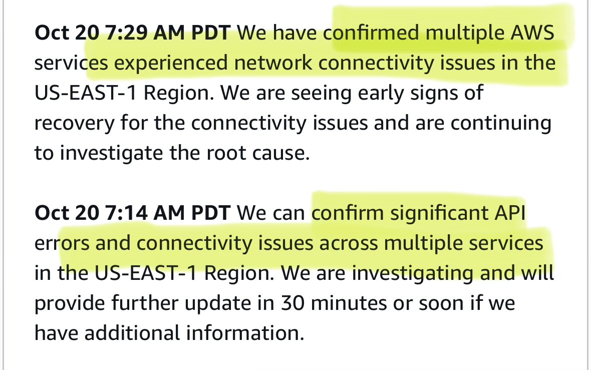 copyconstruct's tweet image. Reading the AWS status updates, seems like what first diagnosed as a DNS resolution issue was either a red herring or an incomplete diagnosis.

As hours later, a system doing health checks on the network load balancers was deemed the culprit.

Full report will be fun to read.
