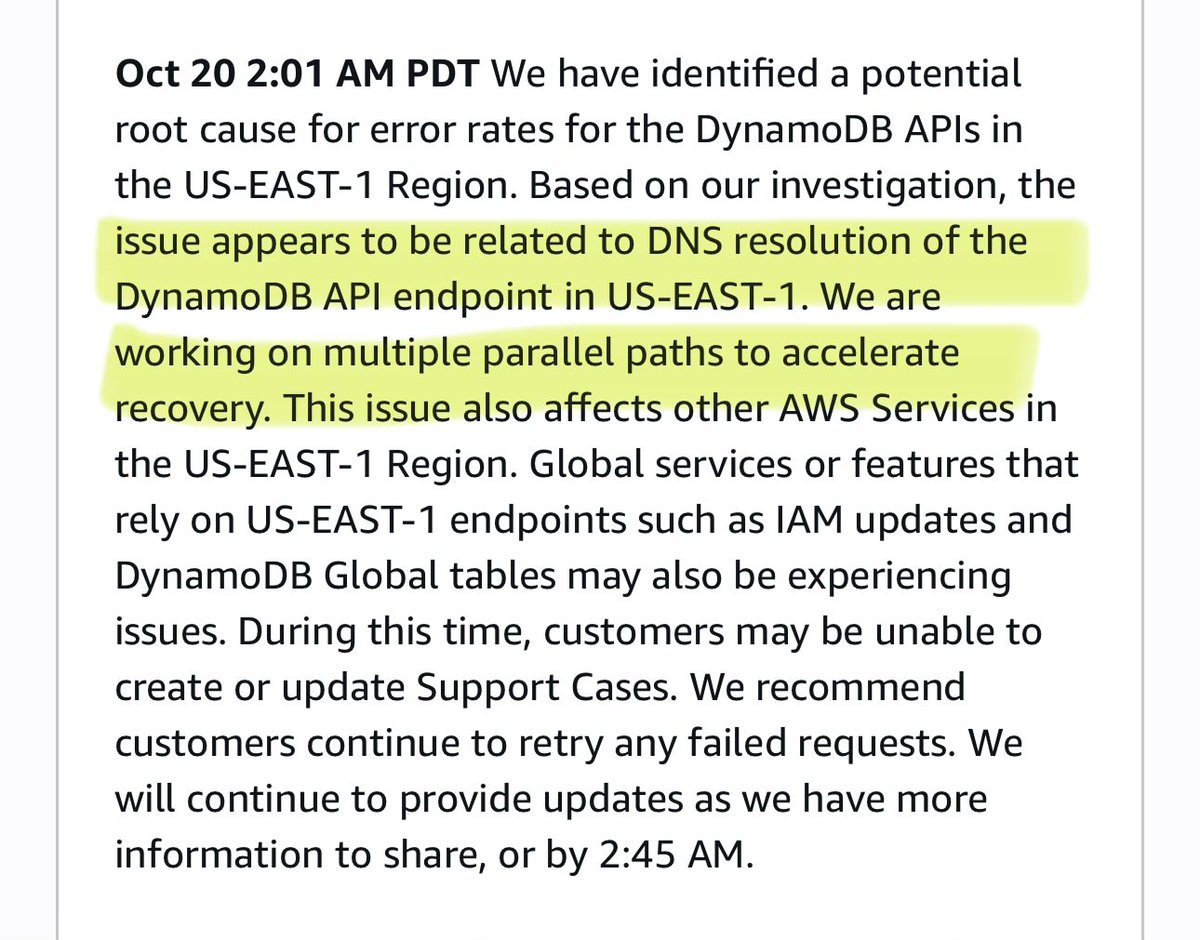 copyconstruct's tweet image. Reading the AWS status updates, seems like what first diagnosed as a DNS resolution issue was either a red herring or an incomplete diagnosis.

As hours later, a system doing health checks on the network load balancers was deemed the culprit.

Full report will be fun to read.