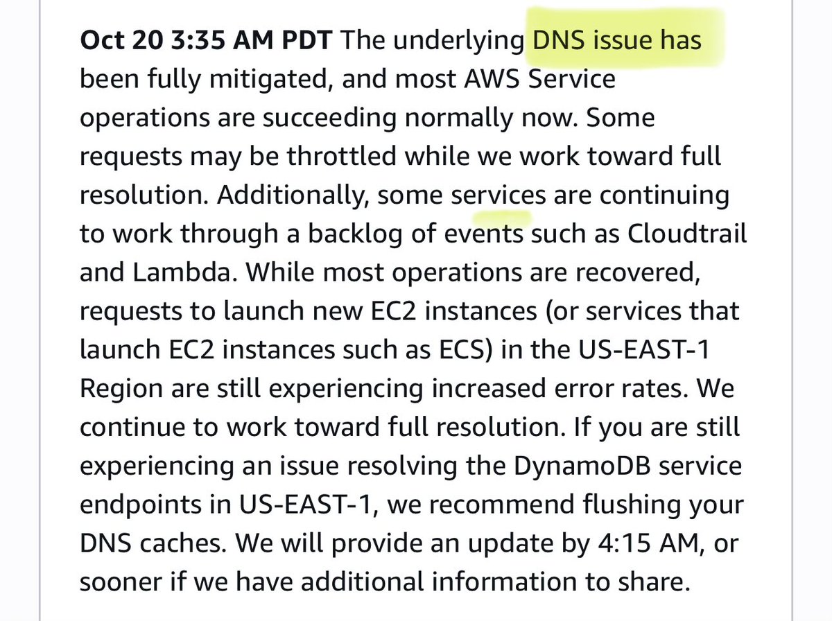 copyconstruct's tweet image. Reading the AWS status updates, seems like what first diagnosed as a DNS resolution issue was either a red herring or an incomplete diagnosis.

As hours later, a system doing health checks on the network load balancers was deemed the culprit.

Full report will be fun to read.