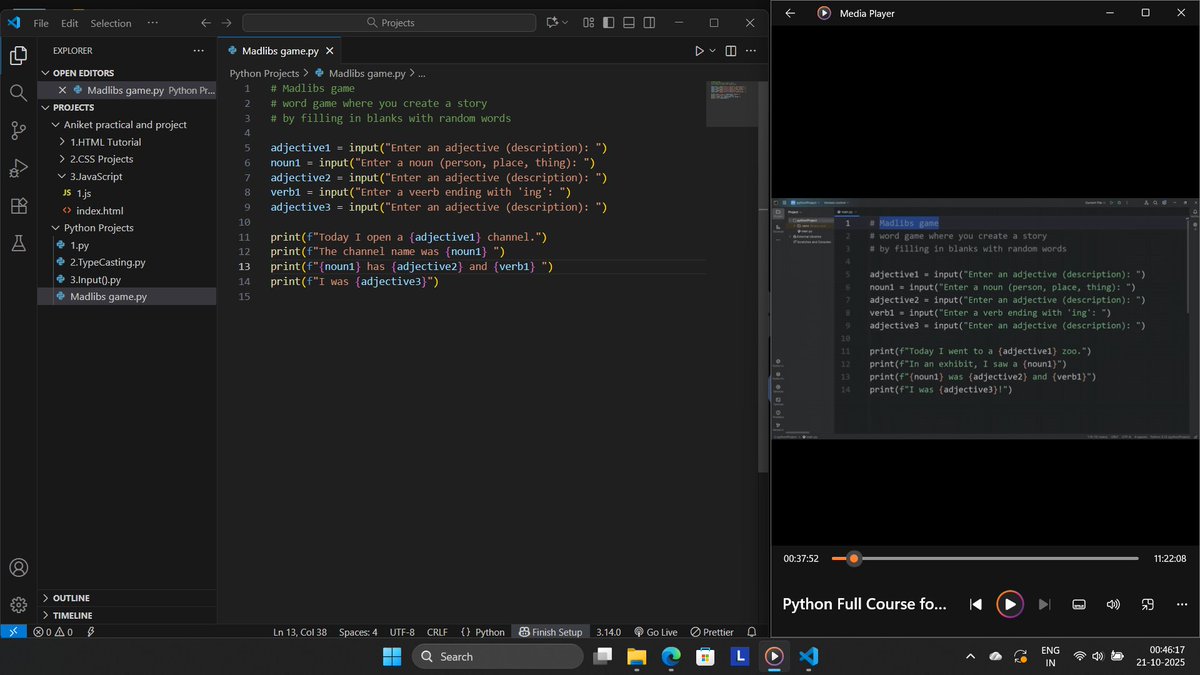 ianiket_yadavs's tweet image. ☑️Day56 of #100DaysOfCode
Today I Learnt:
- Python
- Variables , typecasting
- Arithmetic Operators
Created a small game of word called Madlibs Games
#Coding #Python #softwaredevelopers