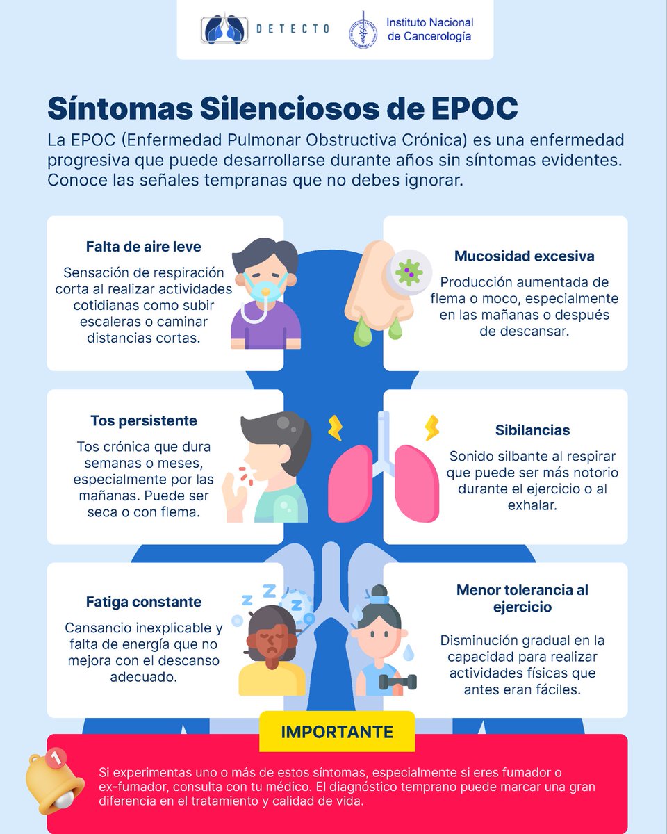 🫁 ¿Tu cuerpo te está enviando señales de EPOC? 🚨

La EPOC puede desarrollarse silenciosamente durante años... pero tu cuerpo SÍ te avisa. Aprende a identificarlos 👇🏻

📞 55 89 75 97 55 | 📩 detecto.incan@gmail.com

📍 Guarda este post para tenerlo siempre a mano