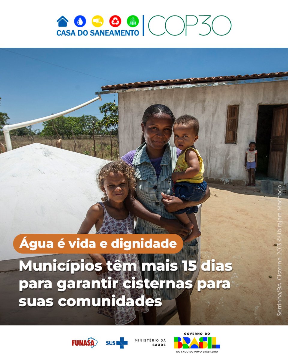 Funasa's tweet image. A Funasa prorrogou por 15 dias o prazo para prefeituras do semiárido enviarem listas de famílias que receberão cisternas de captação de água da chuva. Serão 20.976 unidades em 8 estados, com R$ 250 milhões investidos. ➕tinyurl.com/bddhxvrd
#ÁguaParaTodos #Semiárido #Cisternas