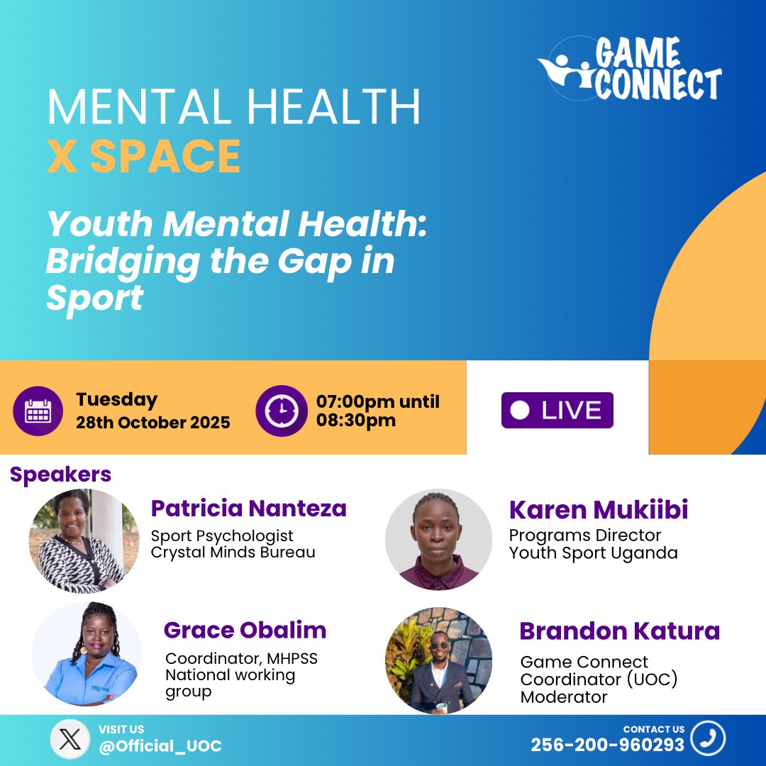 Join us for an informative session on youth mental health in sports! 

Date: Tuesday, 28th October 2025  
Time: 7:00 PM - 8:30 PM  
Platform: Live Stream  

Speakers:
- Patricia Nanteza, Sport Psychologist 
- <a href="/Karenmukiibi/">Karen Mukiibi</a> , Programs Director, Youth Sport Uganda  
- <a href="/obalim86/">Obalim Grace</a> ,